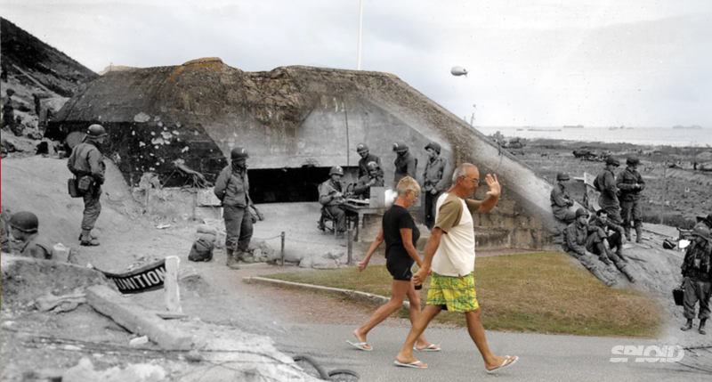 Illustration for article titled D-Day battle images merged with photos of tourists on the same spots